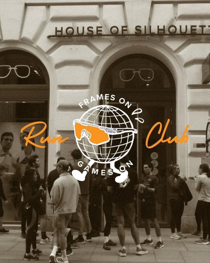 Frames Run Club members gathered outside a shopfront before a run